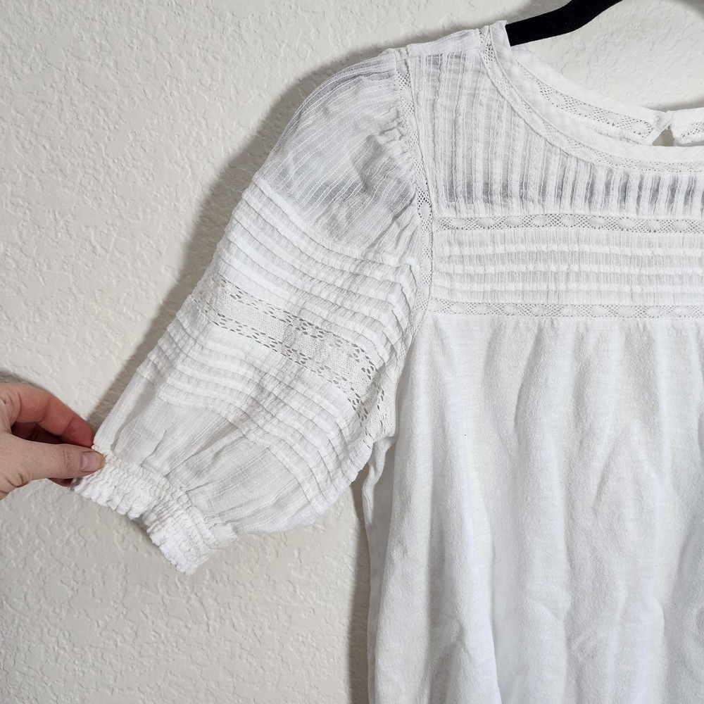 LOFT white cotton short-sleeve top crochet lace panels and puff sleeve M Petite - Picture 2 of 10